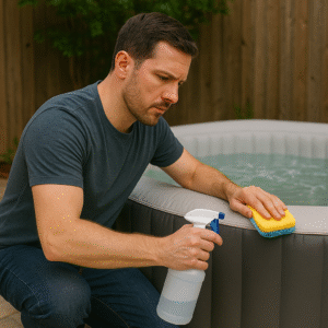 a man showing how to clean mold from your inflatable hot tub