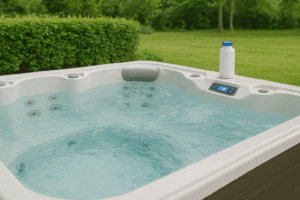 hot tub water care is demonstrated outside