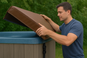 Man attaching a hot tub hard cover whilst outside