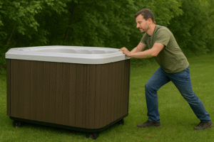 A man showing how to move a hot tub on grass