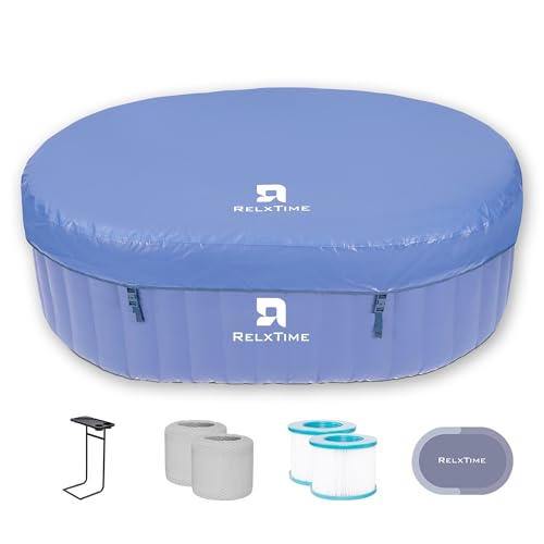 Oval Inflatable Portable Hot Tub 75x47Inch, 2 Person Outdoor Air Jet Spa Blow Up Hottubs with 100 Bubble Jets and Built in Heater Pump, Side Table, 2 Non-Slip Spa Seat, Blue
