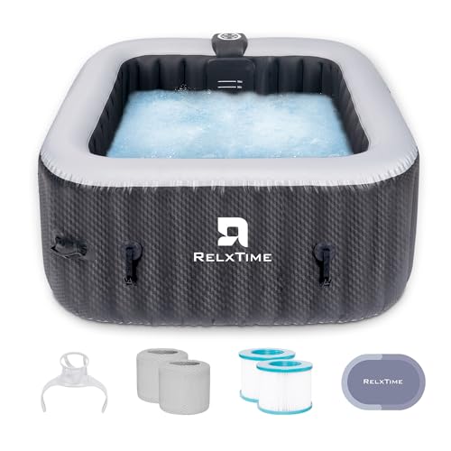 RELXTIME Square Inflatable Hot Tub 2 to 3 Person Blow Up Hottub Spa with 120 Jets, Portable Outdoor Air Jet Spa Outdoor, Black