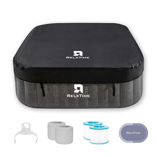 RELXTIME Portable Inflatable Hot Tub 4 to 6 Person, Square Outdoor Air Jet Spa Blow Up Hottub, Built-in Heater Pump, Tub Cover, 2 Cartridges, 1 Cup Holder, Black