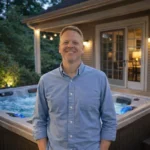 Dave king standing in front of a hot tub outdoors.
