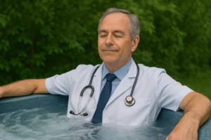 hot tub benefits are shown by medical expert bathing in his uniform