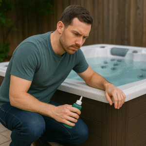 a man showing how to fix a hot tub leak with sealers