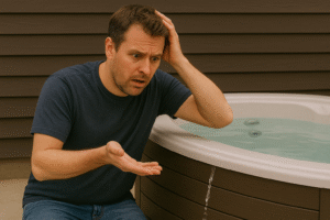 A man find a leak in a hot tub and looks upset
