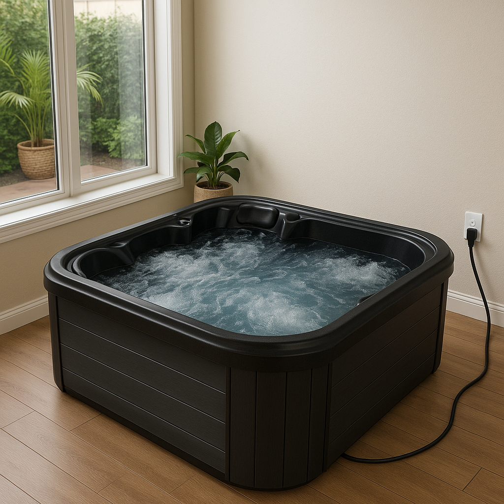 plug and play hot tub in a living room plugged into a wall socket