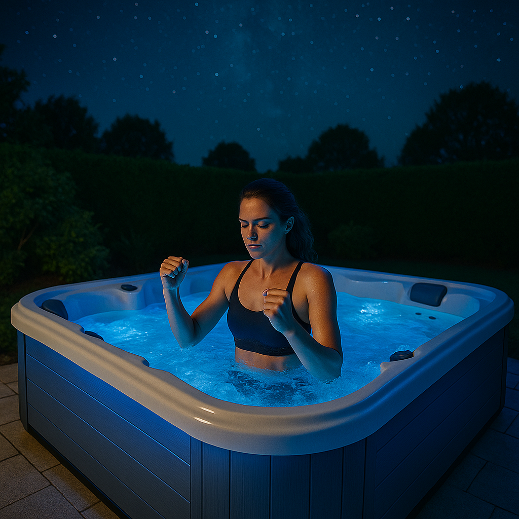 Woman burning calories in a hot tub at night time