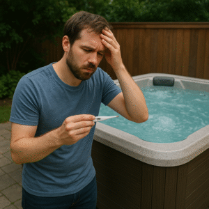 Man standing by a hot tub with a fever wondering whether to go in or not