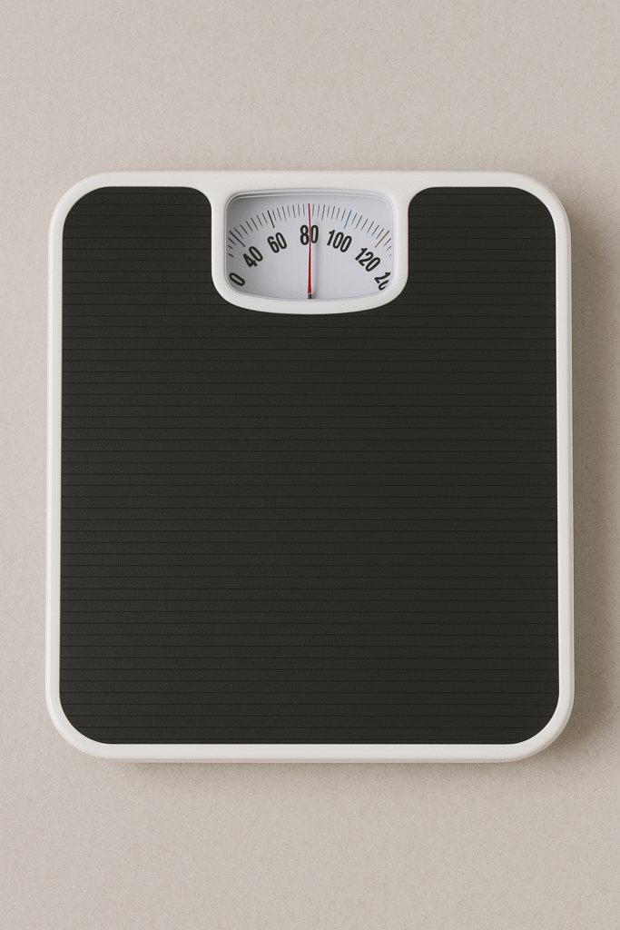 Black and white weighing scales on a white floor