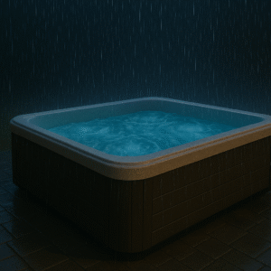 hot tub in the rain outside at night