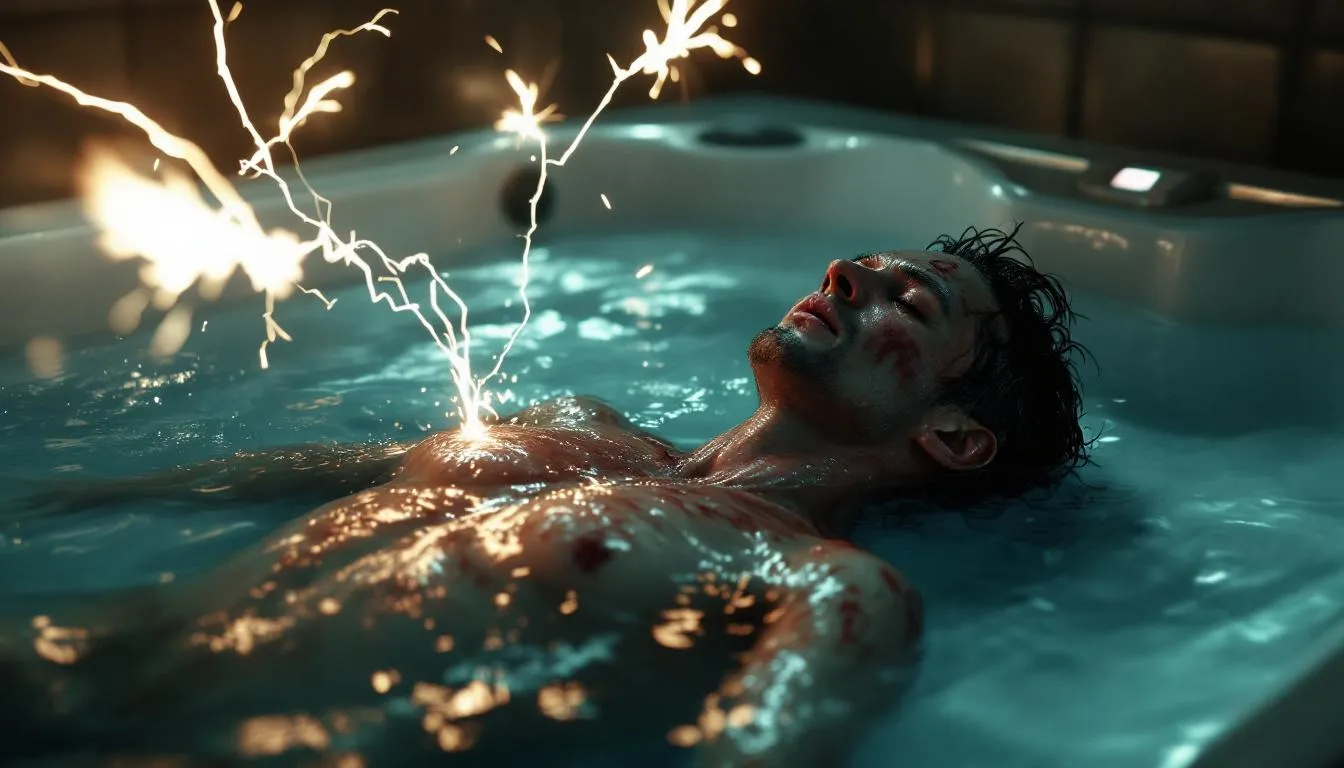 Can You Get Electrocuted In a Hot Tub? 1 In the image, a hot tub is depicted with visible signs of electrical equipment, highlighting the dangers of hot tub electrocution due to faulty underwater lighting. The scene serves as a reminder of the importance of safety precautions to prevent electrical shock incidents, particularly in vacation rentals.