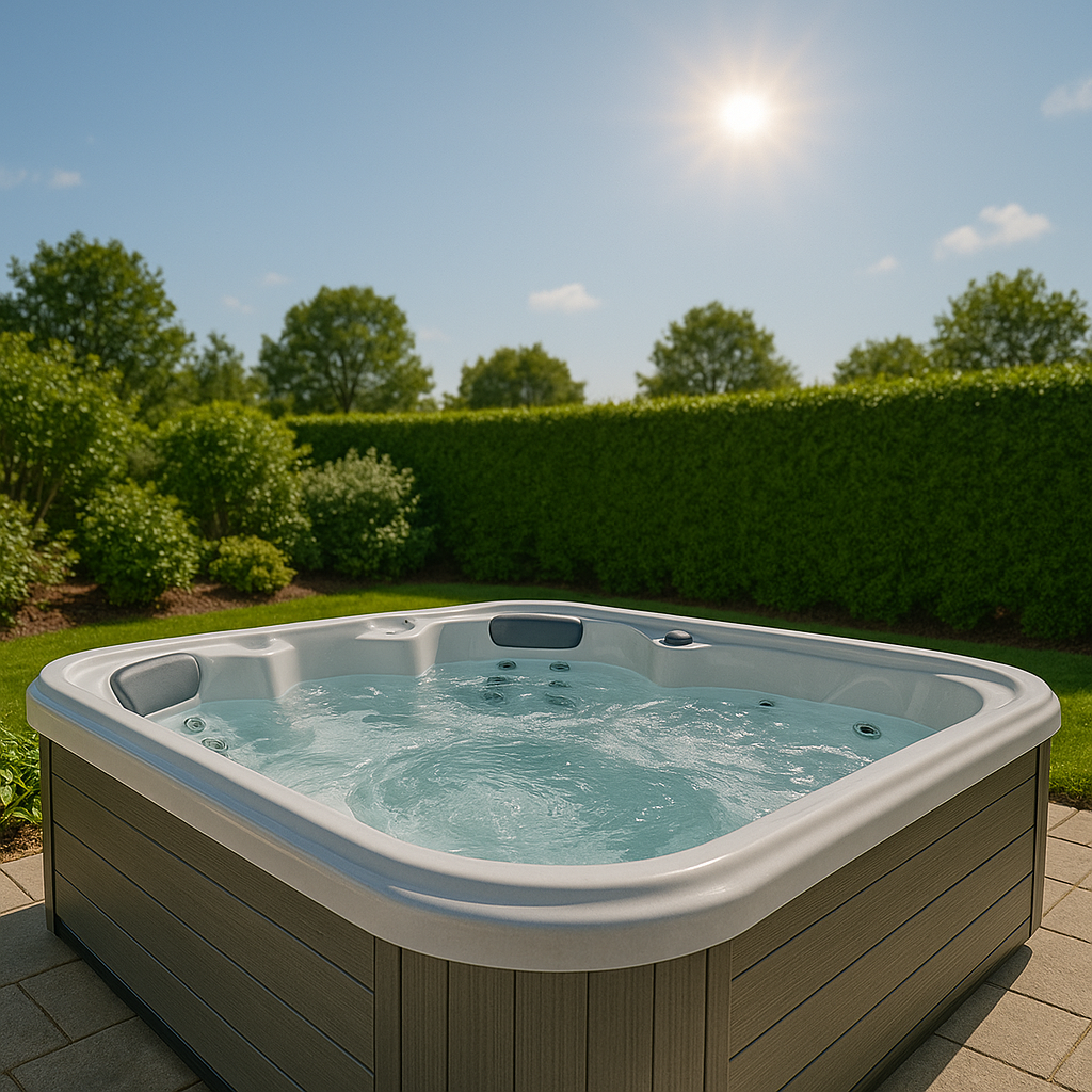 Hot tub in the sun showing the health benefits of being a hot tub owner