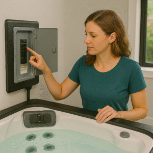 Hot tub electrical requirements demonstrated by a woman in her home