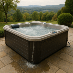 Hot tub losing water outside on a patio in front of trees and grass