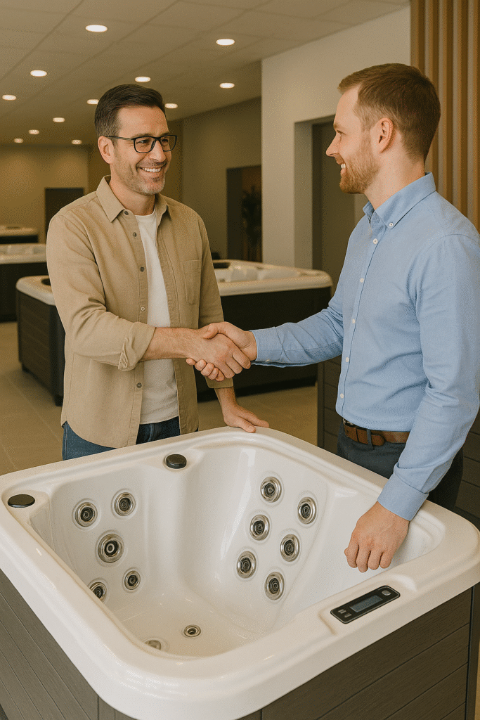 salesman helps a man buy a hot tub as they shake hands to agree a deal on a sale
