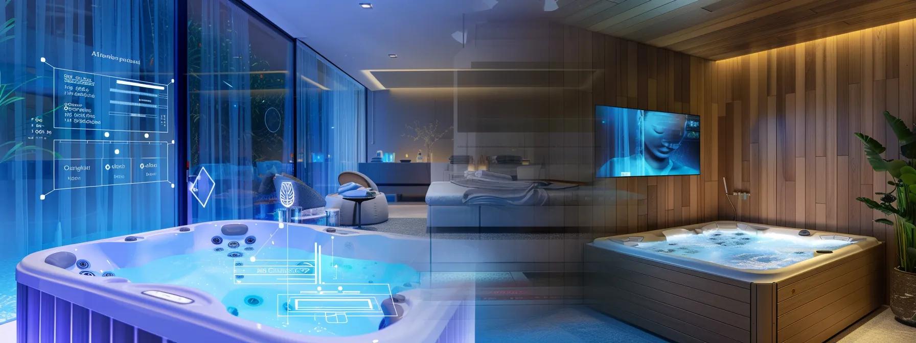 a clinical, well-lit spa environment prominently displays a modern hot tub alongside a visual infographic highlighting the symptoms and treatment methods for hot tub folliculitis.