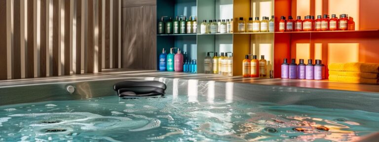 a close-up of a modern spa room featuring a pristine hot tub with crystal-clear water, contrasted by a vibrant display of colorful cleaning supplies arranged neatly on a stylish shelf, emphasizing the theme of maintaining water clarity and cleanliness.