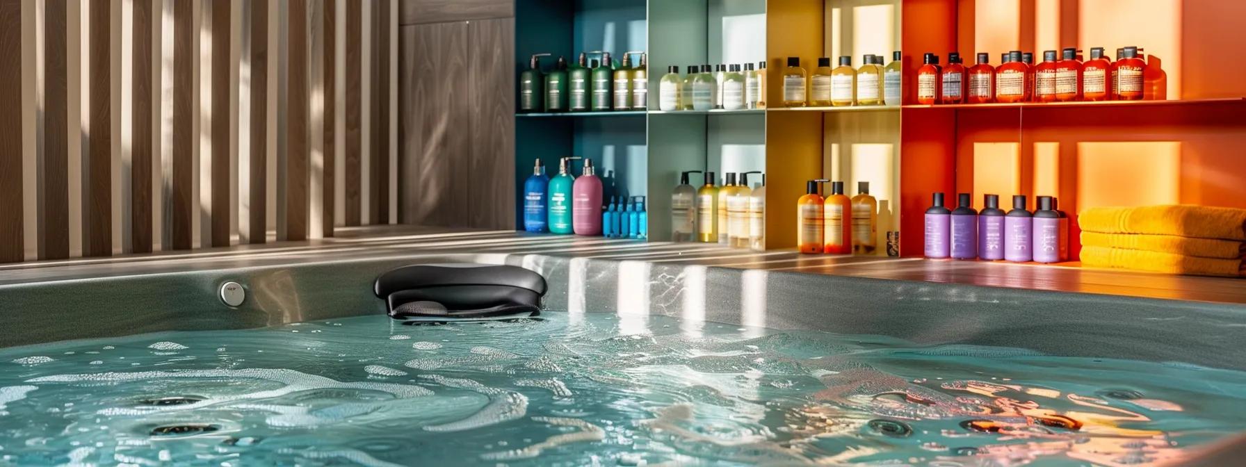 a close-up of a modern spa room featuring a pristine hot tub with crystal-clear water, contrasted by a vibrant display of colorful cleaning supplies arranged neatly on a stylish shelf, emphasizing the theme of maintaining water clarity and cleanliness.