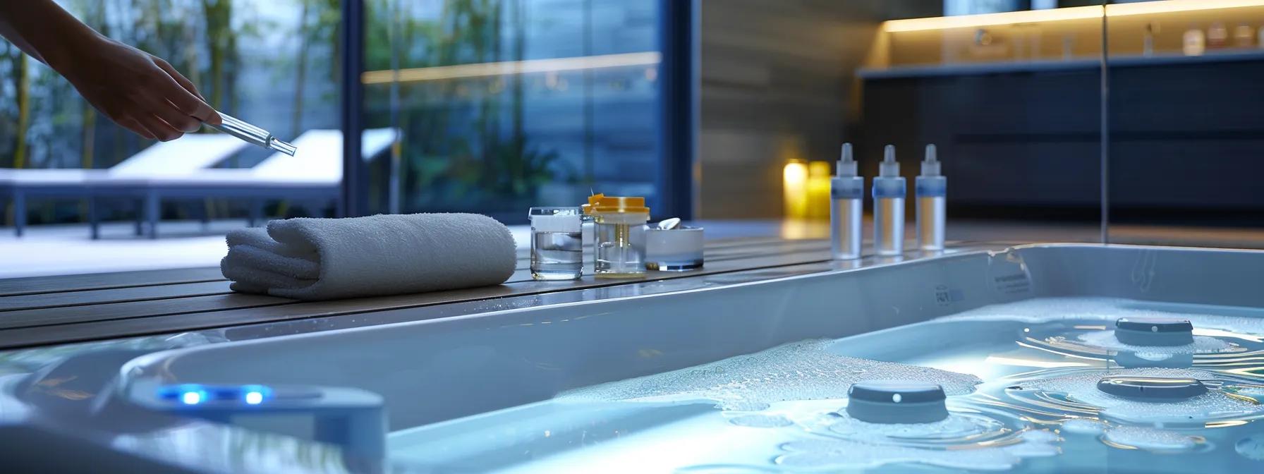 Expert Tips on Hot Tub Water Testing Kits for Care 2 a focused scene inside a modern, well-lit bathroom showcases a person carefully conducting a step-by-step hot tub water test, featuring a sleek test kit and a luxurious hot tub in the background, emphasizing precision and attention to detail.