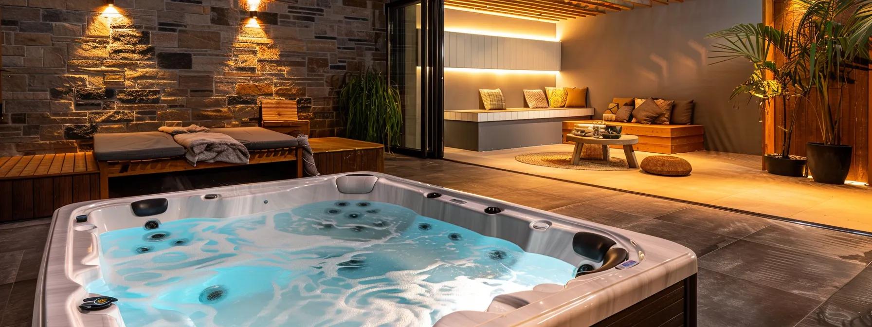 a modern basement setting showcases a sleek, newly installed hot tub, surrounded by stylish indoor decor and soft ambient lighting, emphasizing the luxury of a personal spa retreat.