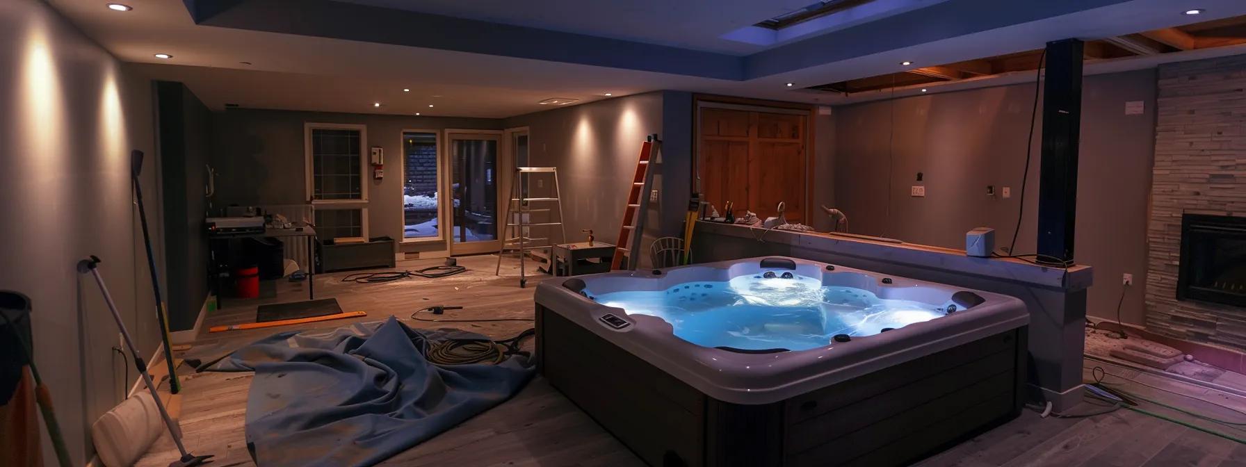 A Guide on How to Install a Hot Tub in Basement Spaces 2 a modern basement setup showcases a sleek hot tub being carefully installed, with professional tools and utility connections visibly arranged around, highlighting the meticulous process of transforming the indoor space into a luxurious relaxation area.