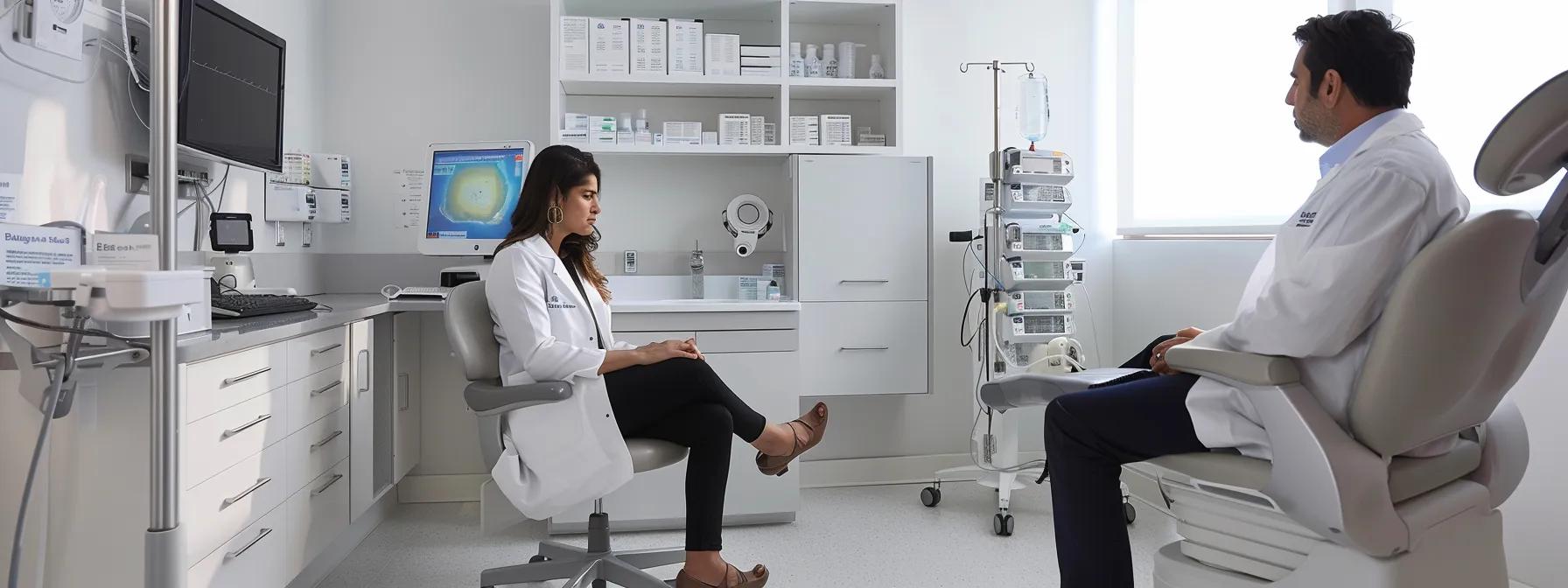 Recognizing and Treating Hot Tub Folliculitis 2 a modern medical clinic consultation room features a focused healthcare professional discussing antibiotic treatment options for hot tub folliculitis with a patient, amidst sterile and well-organized medical equipment.