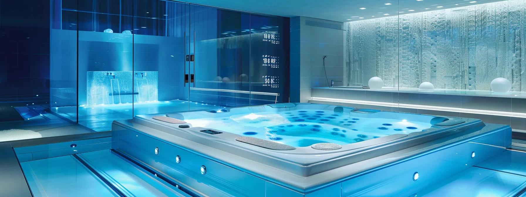 Best Practices for Managing pH Levels in Your Hot Tub 3 a modern, sleek hot tub in a stylish indoor setting, surrounded by glass walls, showcasing crystal-clear water with vibrant blue tones, while a digital display screen nearby indicates ph levels and sanitizer options like chlorine and bromine prominently.