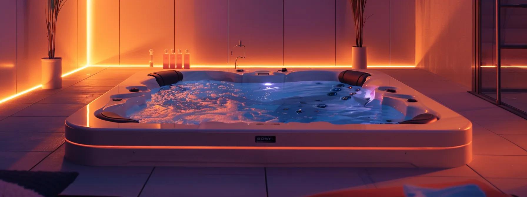 Expert Tips on Hot Tub Water Testing Kits for Care 3 a pristine, modern hot tub surrounded by elegant tiles and bright, ambient lighting showcases a user-friendly water testing kit placed prominently nearby, emphasizing the importance of maintaining safe and balanced water for ultimate spa enjoyment.