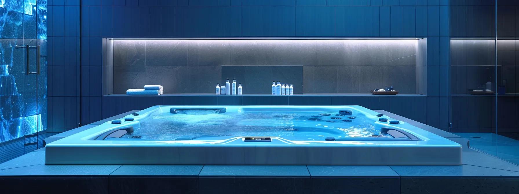 a sleek, modern bathroom features a sparkling hot tub surrounded by well-organized water testing kits neatly displayed on a stylish countertop, emphasizing the importance of optimal care and maintenance.