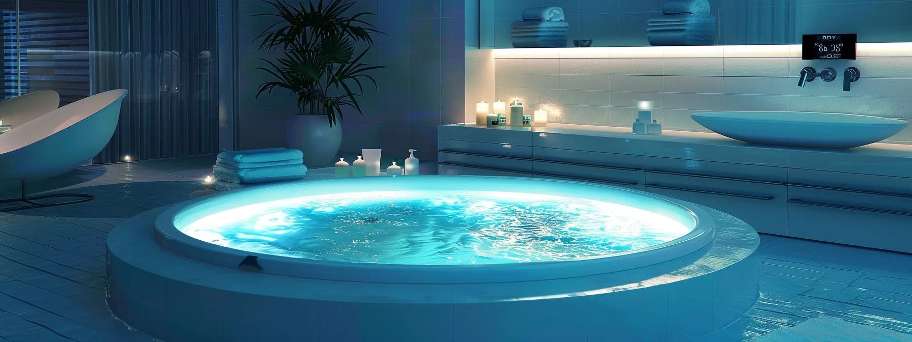 Best Practices for Managing pH Levels in Your Hot Tub 2 a sleek modern bathroom featuring a pristine hot tub with crystal-clear water, surrounded by neatly arranged chemical containers and a digital ph meter displaying optimal readings, all illuminated by soft ambient lighting.