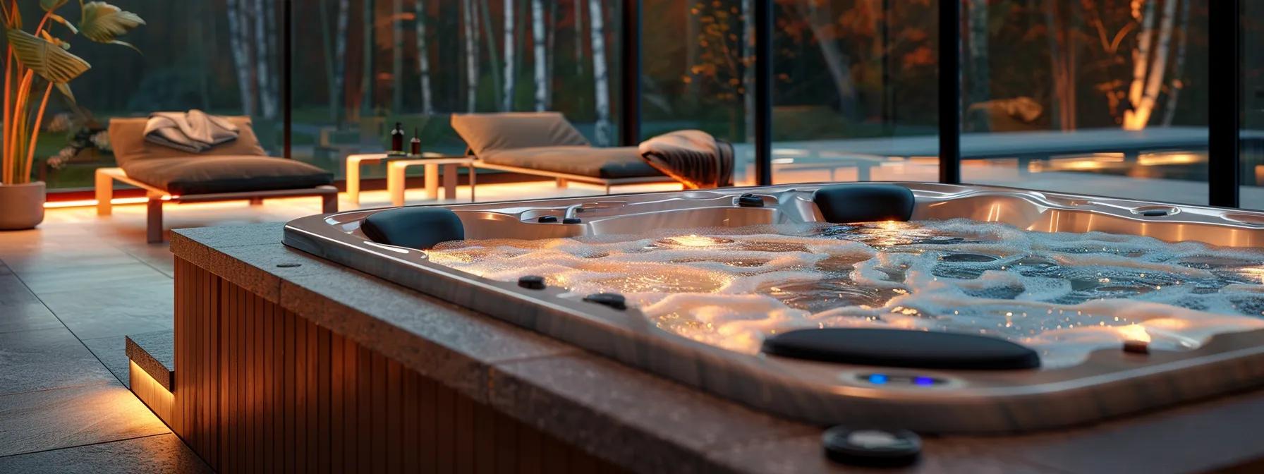 Best Practices for Managing pH Levels in Your Hot Tub 1 a sleek, modern hot tub in a contemporary indoor spa setting showcases a digital ph testing kit prominently displayed, surrounded by elegant tiles and soft ambient lighting to emphasize the importance of regular water quality maintenance.