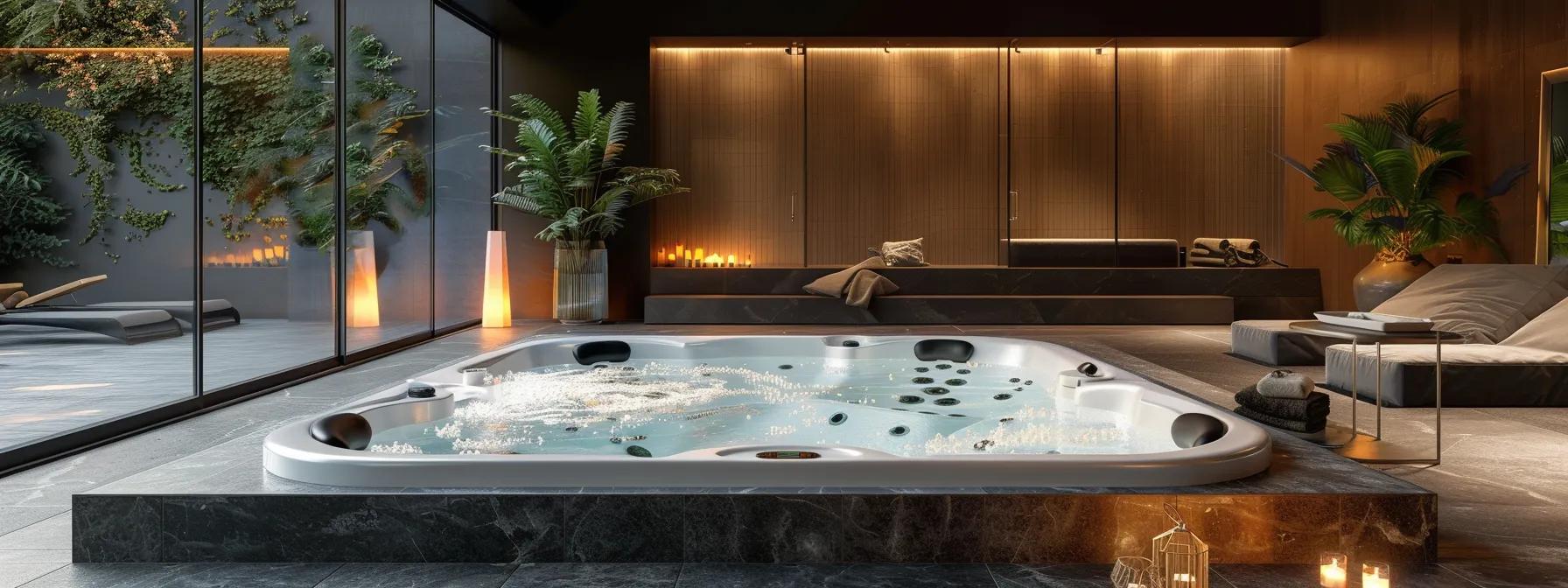 Recognizing and Treating Hot Tub Folliculitis 4 a sleek, modern hot tub set in a stylish, well-lit indoor wellness area, showcasing safe spa accessories and hygiene equipment prominently displayed, emphasizing the importance of a secure and relaxing soak.