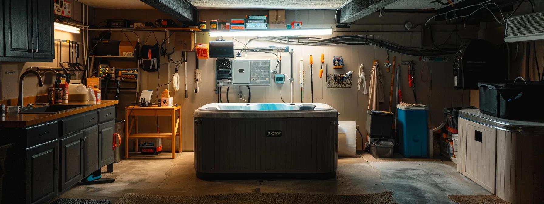 A Guide on How to Install a Hot Tub in Basement Spaces 1 a well-organized basement space featuring a hot tub installation area, illuminated by bright overhead lights, with neatly arranged tools and moisture-resistant materials ready for preparation, emphasizing a professional and clean environment for optimal safety and functionality.
