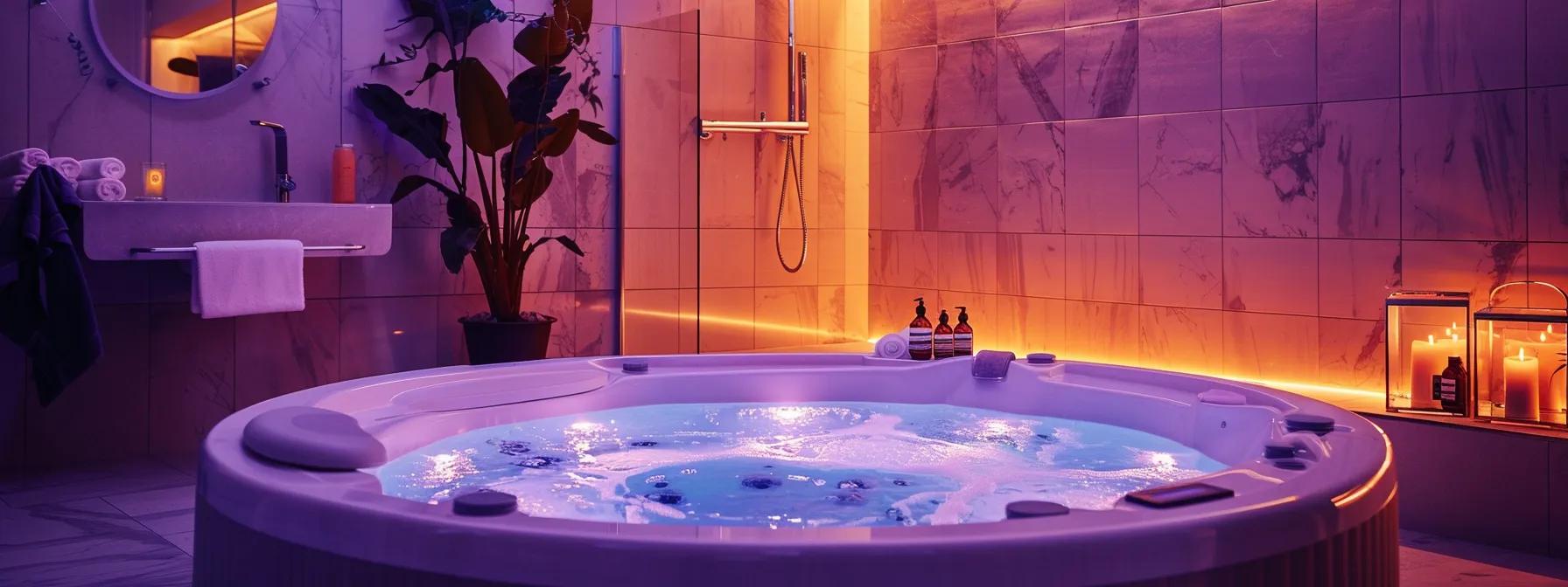 an elegantly designed bathroom with a modern hot tub, surrounded by sleek tiles and ambient led lighting, showcasing a digital ph meter prominently displayed next to maintenance tools, emphasizing the theme of safe and balanced water management.