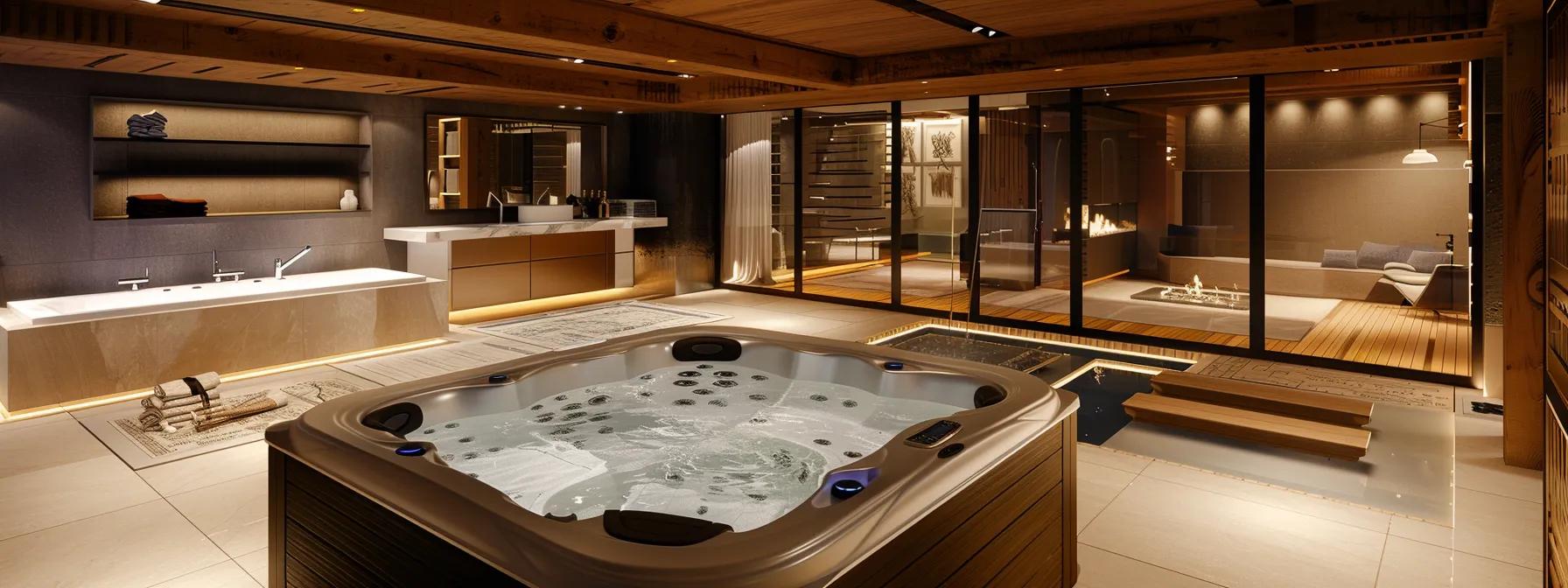 A Guide on How to Install a Hot Tub in Basement Spaces 3 an elegantly designed, modern basement features a luxurious hot tub as the centerpiece, surrounded by blueprints, tools, and budgeting materials, highlighting the meticulous planning and financial considerations of the installation process.