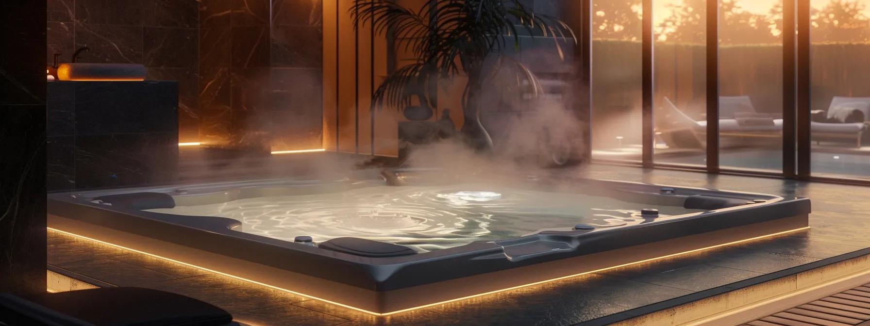 Recognizing and Treating Hot Tub Folliculitis 1 an inviting hot tub set in a sleek, modern spa environment, showcasing clear water and subtle lighting, while a subtle mist surrounds the area, hinting at the importance of proper disinfection to prevent bacterial contamination.