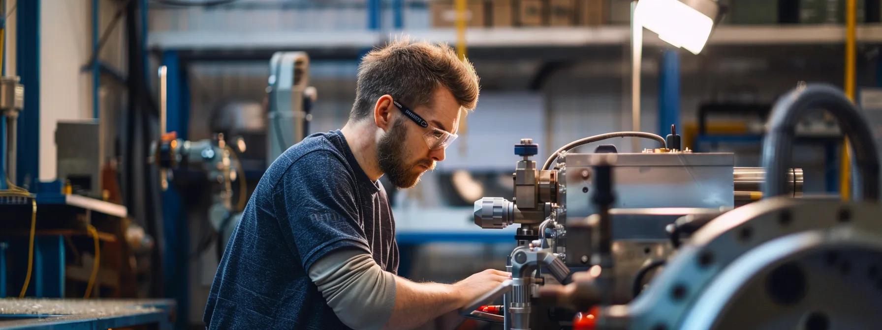Hot Tub Pump Troubleshooting - Keeps Turning Off 3 a focused technician evaluates a high-tech hot tub pump in a sleek, modern workshop, surrounded by diagnostic tools and equipment, highlighting the complexity of advanced troubleshooting.