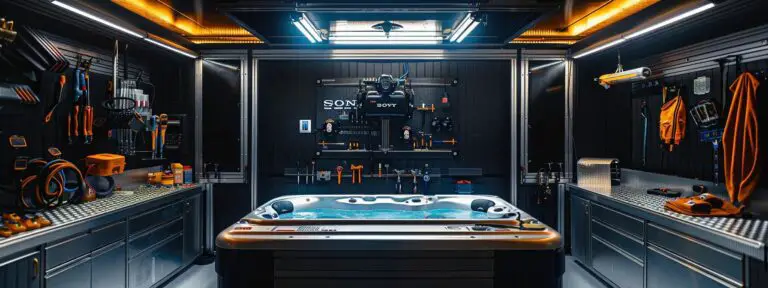 a mechanic-focused workspace features a sleek hot tub pump on a stainless steel workbench, surrounded by diagnostic tools and illuminated by bright overhead lights, highlighting the intricate components while conveying a sense of urgency in troubleshooting.