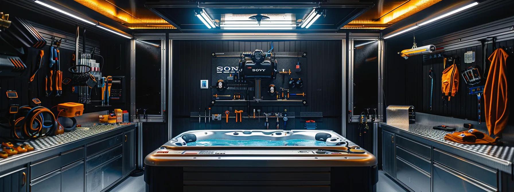 a mechanic-focused workspace features a sleek hot tub pump on a stainless steel workbench, surrounded by diagnostic tools and illuminated by bright overhead lights, highlighting the intricate components while conveying a sense of urgency in troubleshooting.