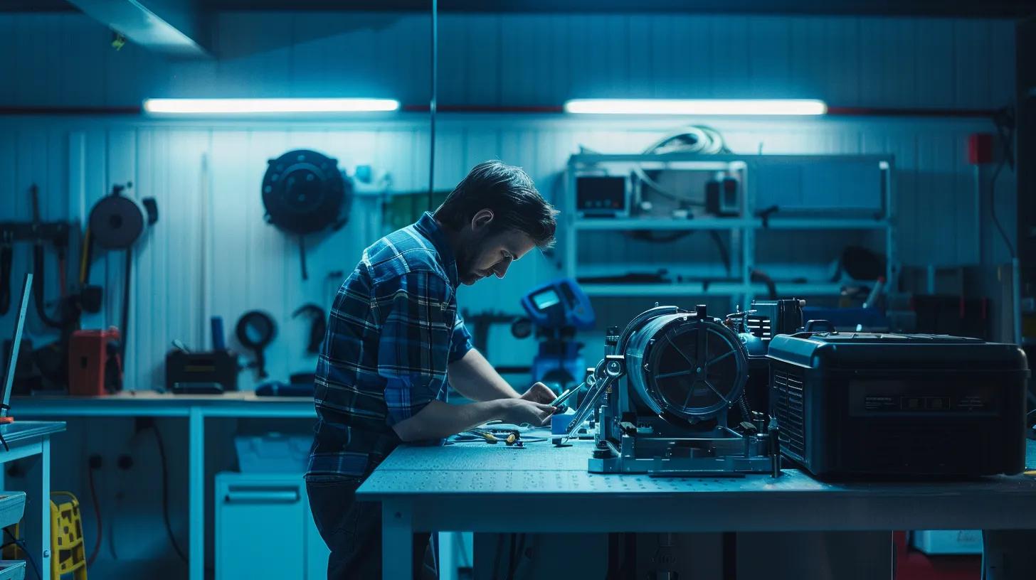 Hot Tub Pump Troubleshooting - Keeps Turning Off 1 a detailed view of a modern workshop featuring a technician methodically examining a hot tub pump with diagnostic tools on a clean, organized workbench, illuminated by bright overhead led lights.
