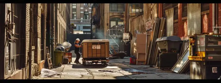 a dynamic urban scene captures a skilled team of movers strategically coordinating the relocation of a large hot tub through a narrow alley, showcasing teamwork and expert techniques against the backdrop of an industrial setting.