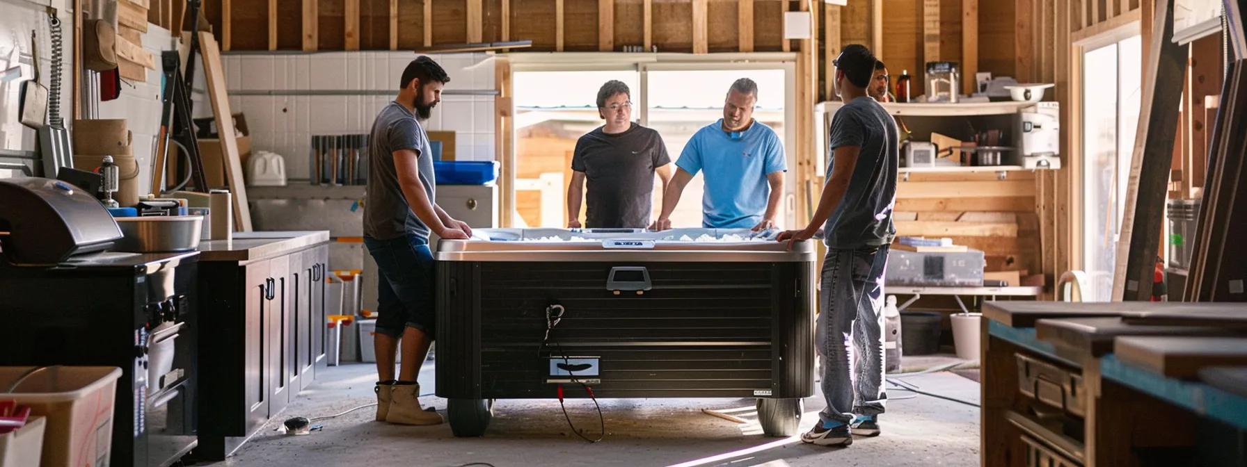 a group of focused individuals maneuvers a large hot tub through a well-organized home improvement workshop, showcasing teamwork and strategy in a diy moving project.