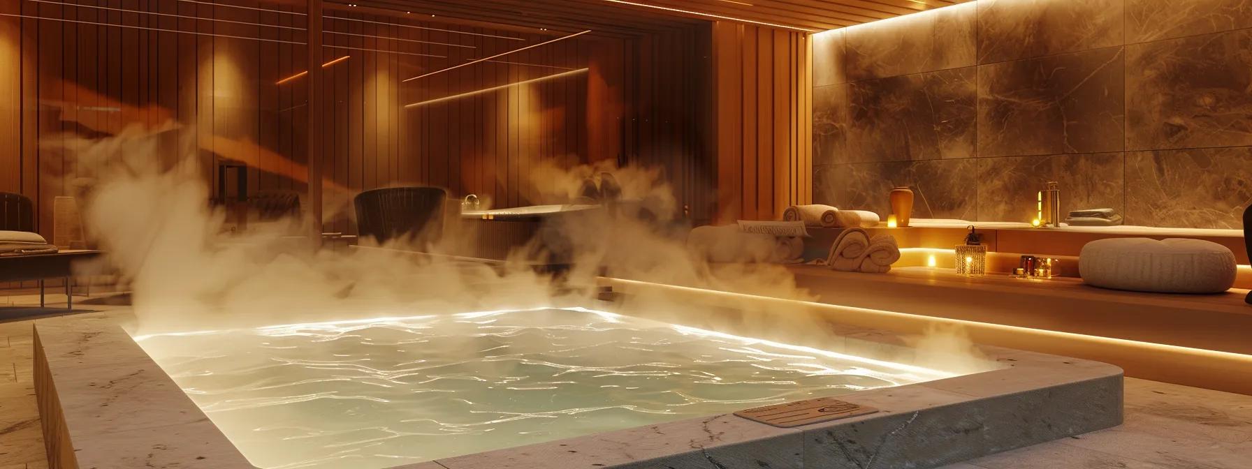 a luxurious hot tub scene in a modern indoor spa, with steamy water gently bubbling, inviting plush seating nearby, and soft ambient lighting creating a serene atmosphere for relaxation and rejuvenation.