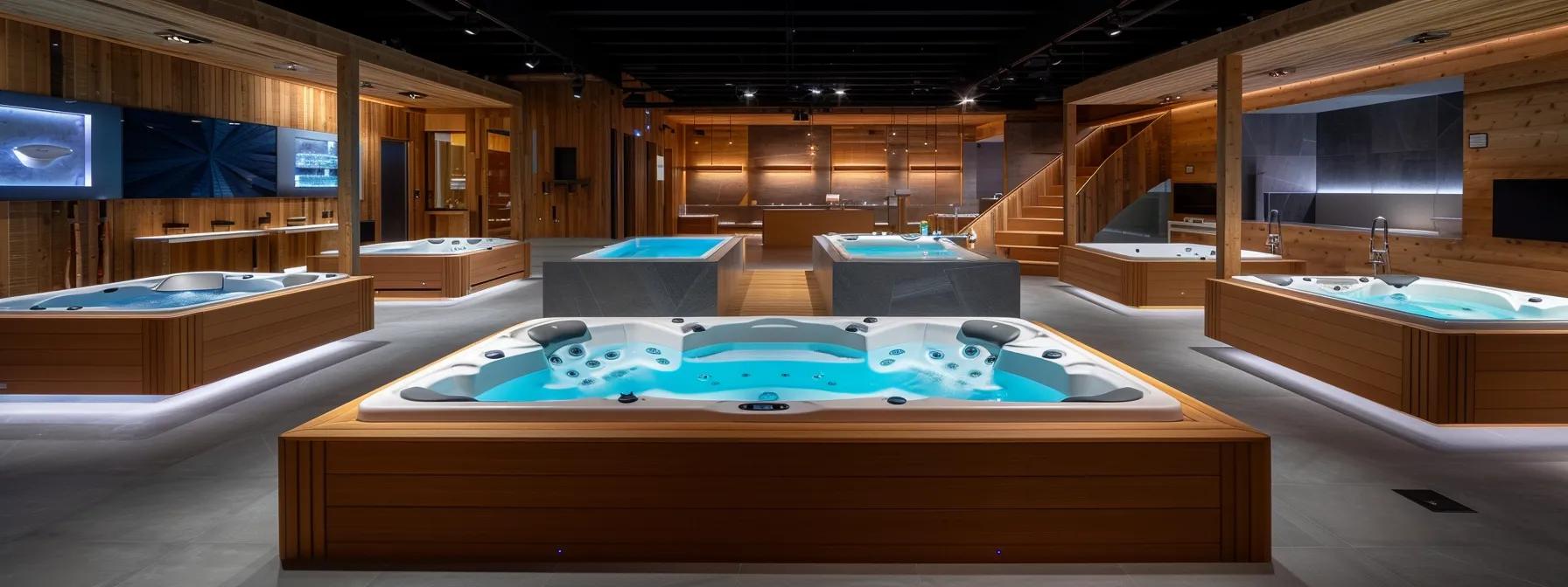 a luxurious indoor showroom showcases an array of elegant hot tubs, each distinct in design and style, illuminated by soft, ambient lighting that highlights their sleek craftsmanship and inviting features.