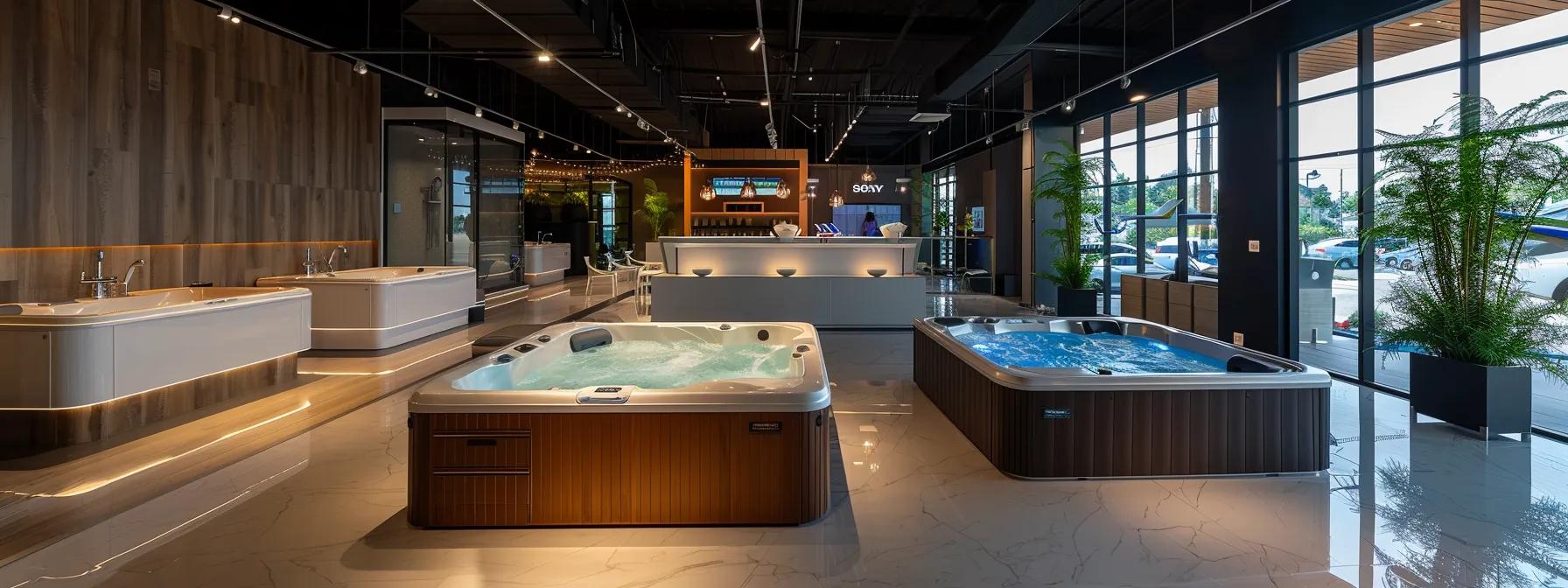 7 Different Types of Hot Tubs Explained for Buyers 11 a modern, elegantly designed indoor showroom displays various hot tub types, each showcasing unique features and luxurious details against a sleek, contemporary backdrop.