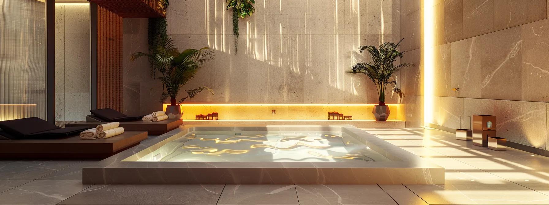 a serene, modern indoor spa setting features a meticulously designed hot tub surrounded by elegant tiles and soft ambient lighting, emphasizing a clear temperature display while highlighting the importance of safety guidelines for pregnant women.