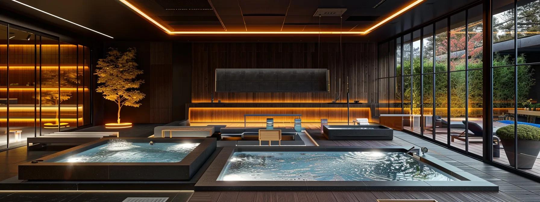 7 Different Types of Hot Tubs Explained for Buyers 12 a sleek, contemporary home spa interior showcases three distinct hot tubs, each designed with unique features and glowing ambient lighting, highlighting the versatility and luxury of relaxation options.