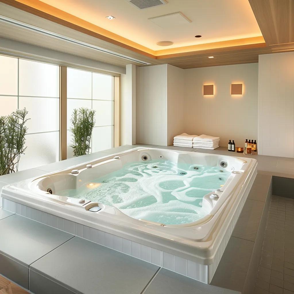 a sleek modern bathroom features a pristine hot tub surrounded by elegantly arranged test kits and safety equipment, illuminated by soft overhead lighting, conveying a sense of quality and care in water safety.
